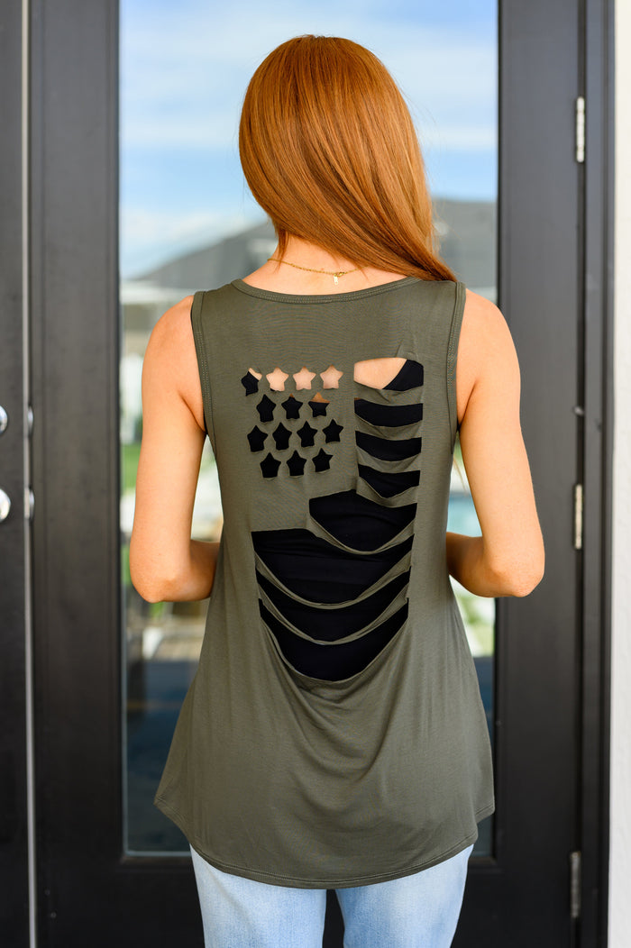 Olive green Land of the Free tank top from Ave Shops, casual sleeveless blouse, soft fabric and relaxed fit.