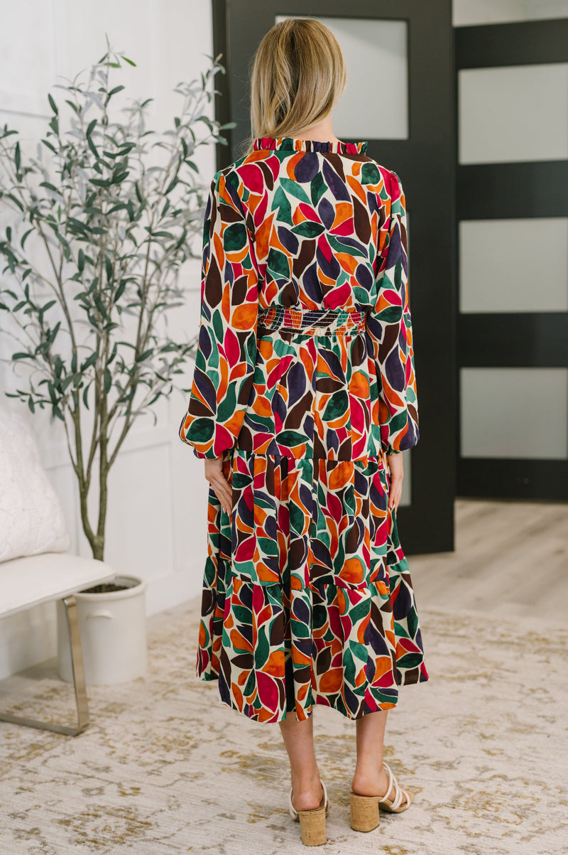 Leafing it All Behind Long Sleeve Tiered Dress