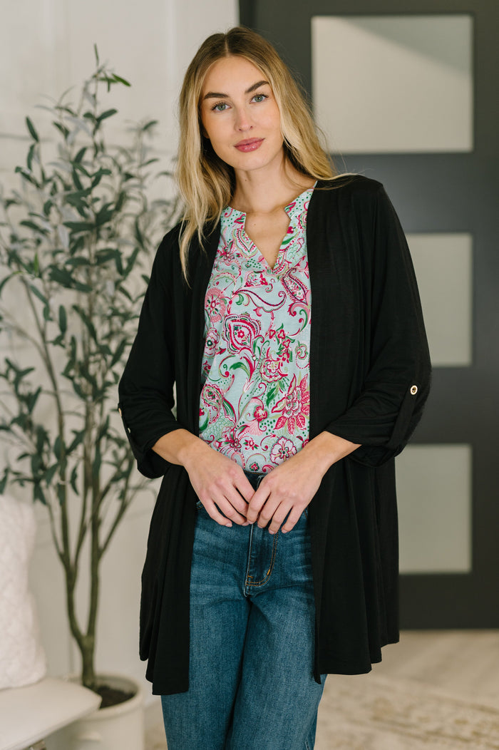 Womens Ave Shops Lizzy cardigan in black, featuring a cozy knit design and open front style.