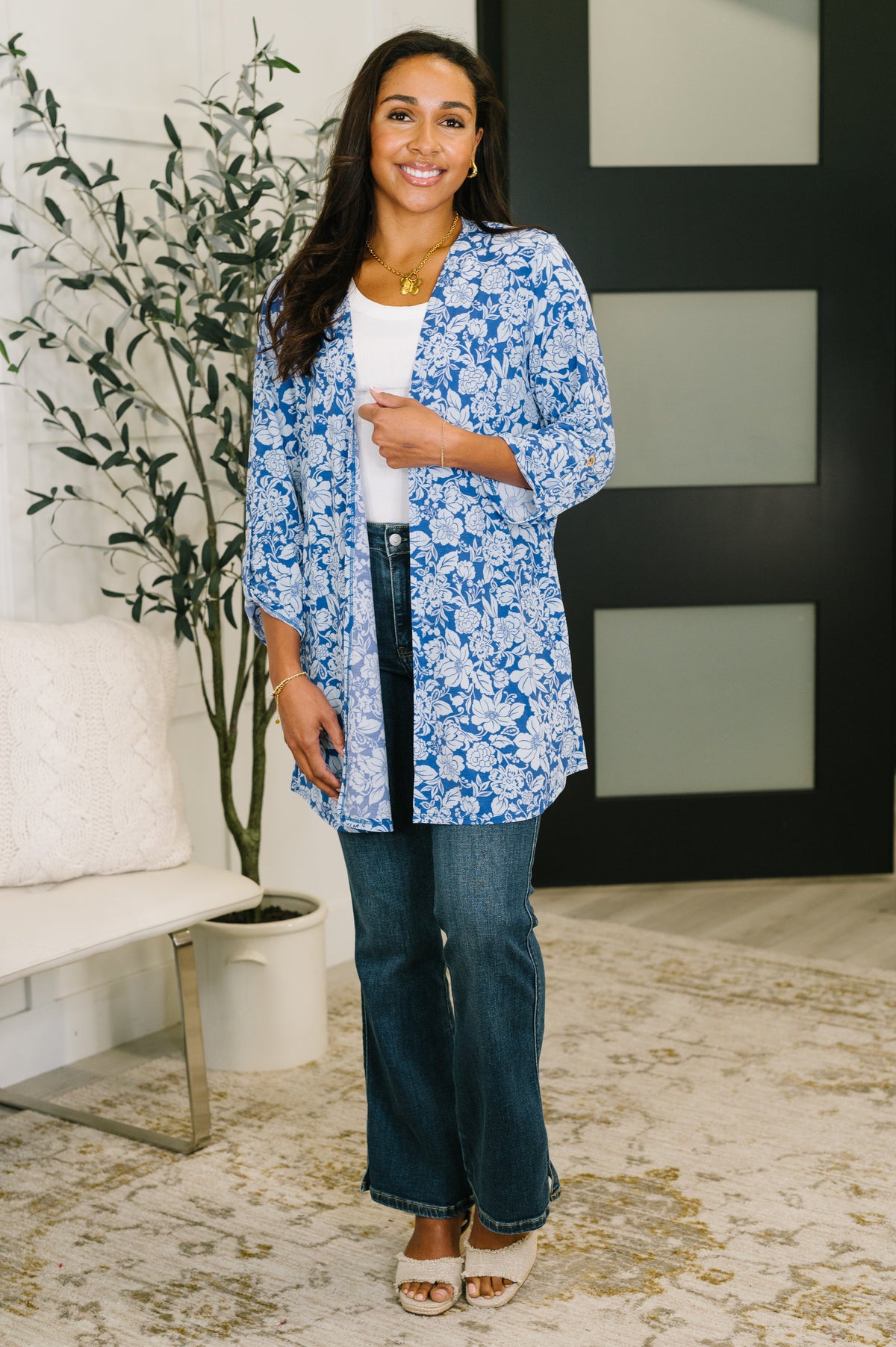 Blue and white floral Lizzy cardigan by Ave Shops, featuring a cozy knit with floral pattern, perfect for layered spring style.