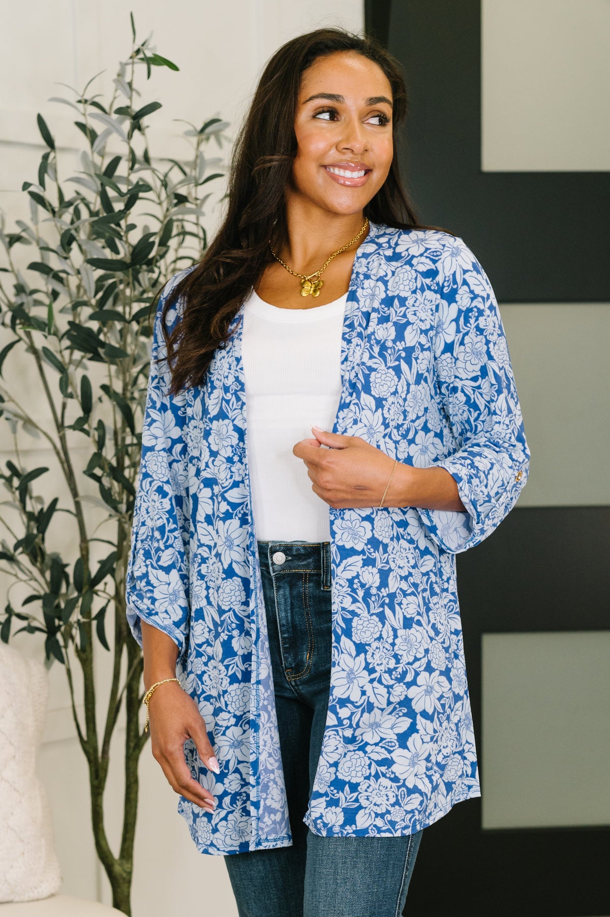 Blue and white floral Lizzy cardigan by Ave Shops, showing a lightweight knit with long sleeves and open front design.