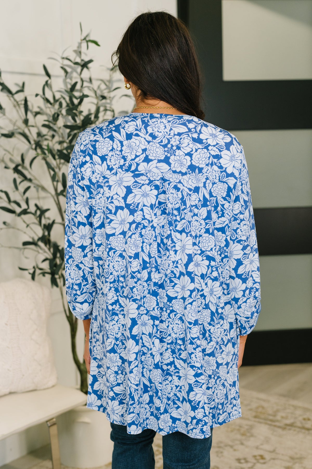 Blue and white floral Lizzy cardigan by Ave Shops, featuring a cozy knit with a floral pattern and button details.