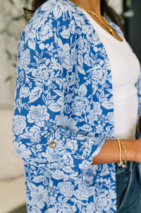 Blue and white floral Lizzy cardigan by Ave Shops, featuring a cozy knit with a stylish floral pattern.