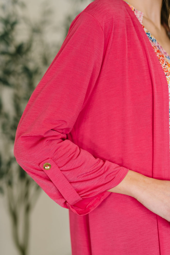 Womens Lizzy Cardigan in vibrant fuchsia, featuring a cozy knit design and open front style.