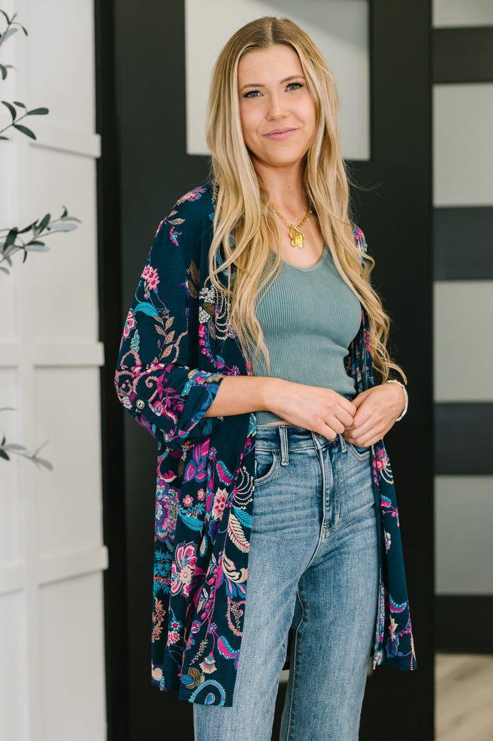 Lizzy Cardigan in Hunter Green Floral Paisley