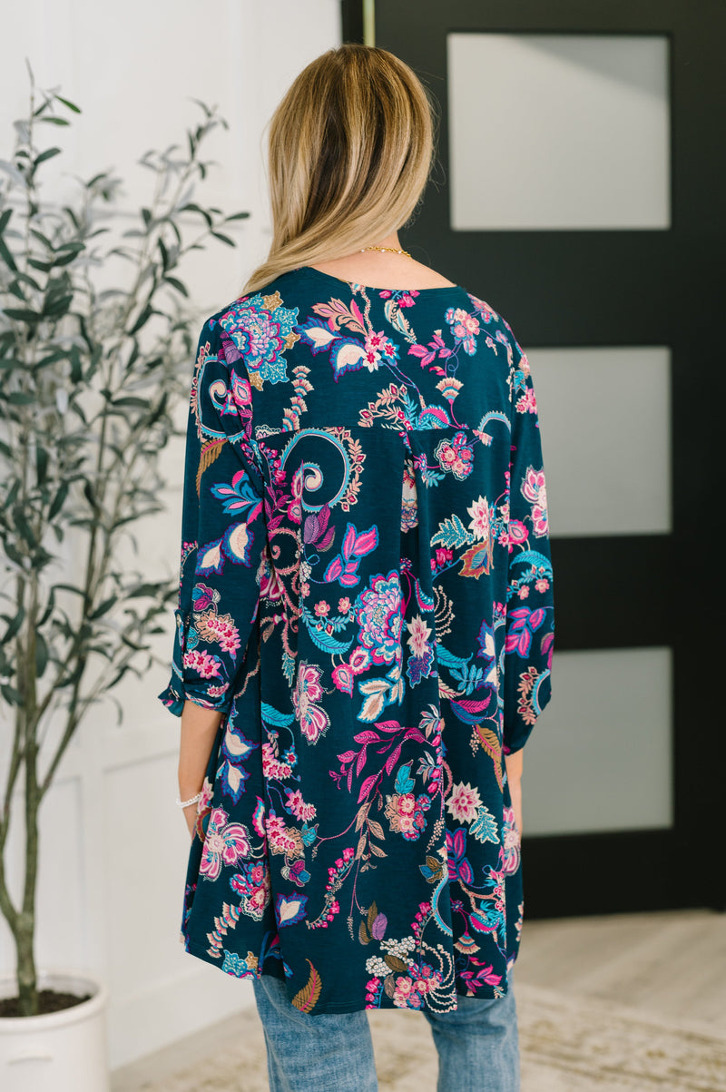 Lizzy Cardigan in Hunter Green Floral Paisley