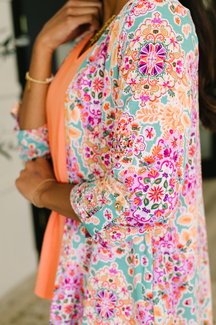 Lizzy Cardigan in Pink and Orange Floral Abstract - The GlamBox Jewels Boutique