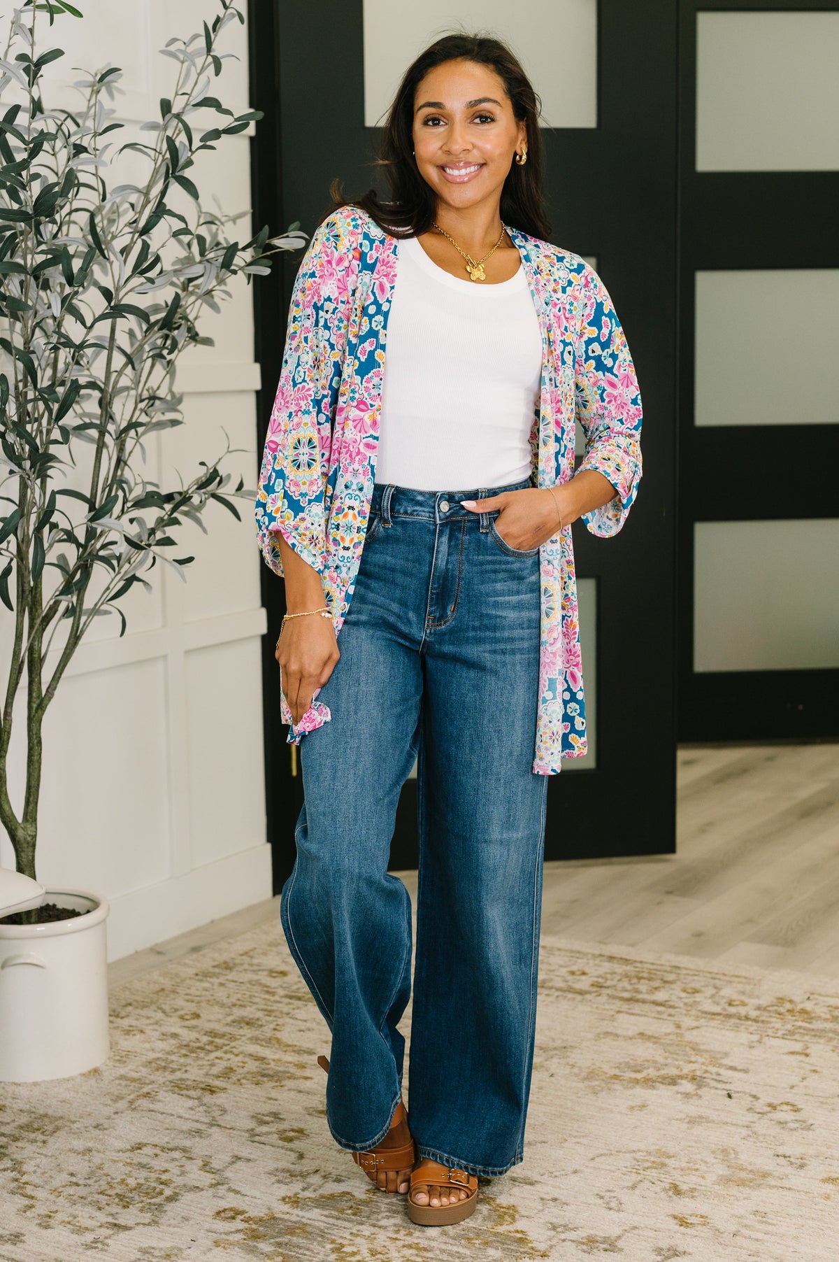 Lizzy cardigan by Ave Shops in teal and pink floral abstract pattern, featuring a cozy knit design and open front style.