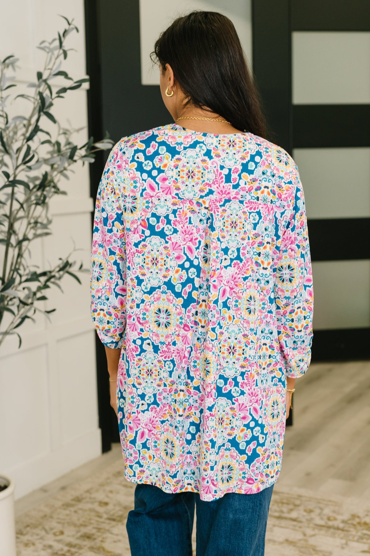 Lizzy cardigan in teal and pink floral abstract pattern, lightweight knit with long sleeves and open front from Ave Shops.