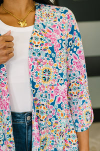 Ave Shops Lizzy cardigan in teal and pink floral abstract pattern, showcasing lightweight knit and stylish design.