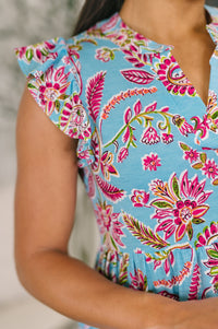 Blue and pink paisley floral Lizzy Forever Flutter Sleeve Dress by Ave Shops, showcasing a vibrant, flowy design with short flutter sleeves.