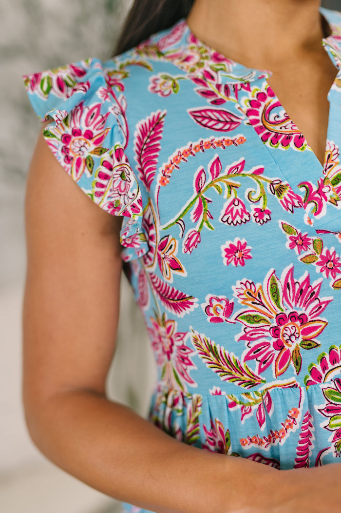 Blue and pink paisley floral Lizzy Forever Flutter Sleeve Dress by Ave Shops, showcasing a vibrant, flowy design with short flutter sleeves.