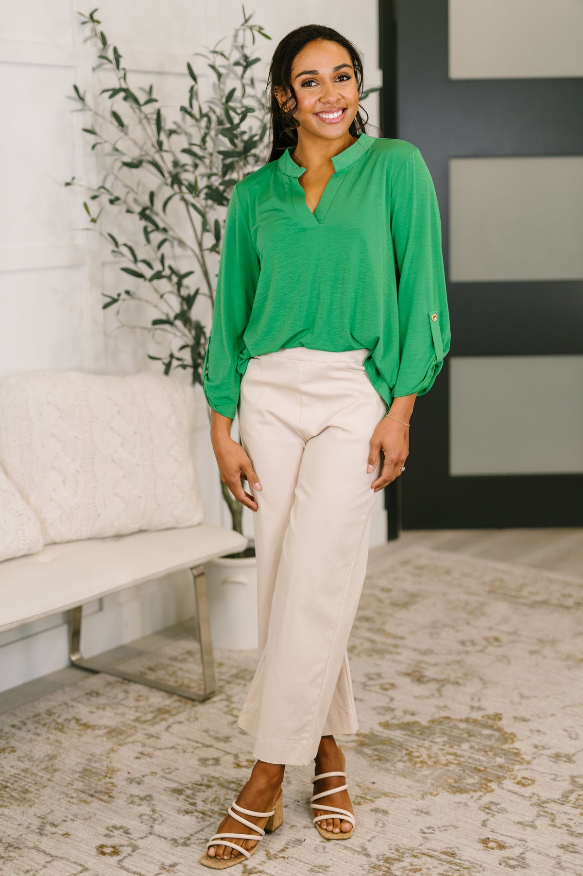 Bright Kelly Green Lizzy Top by Ave Shops, a stylish blouse with a relaxed fit and button-front design.