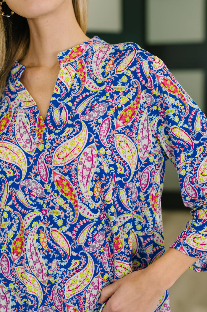 Royal blue paisley Lizzy top by Ave Shops, stylish blouse with vibrant pattern and feminine fit, perfect for casual or semi-formal wear.
