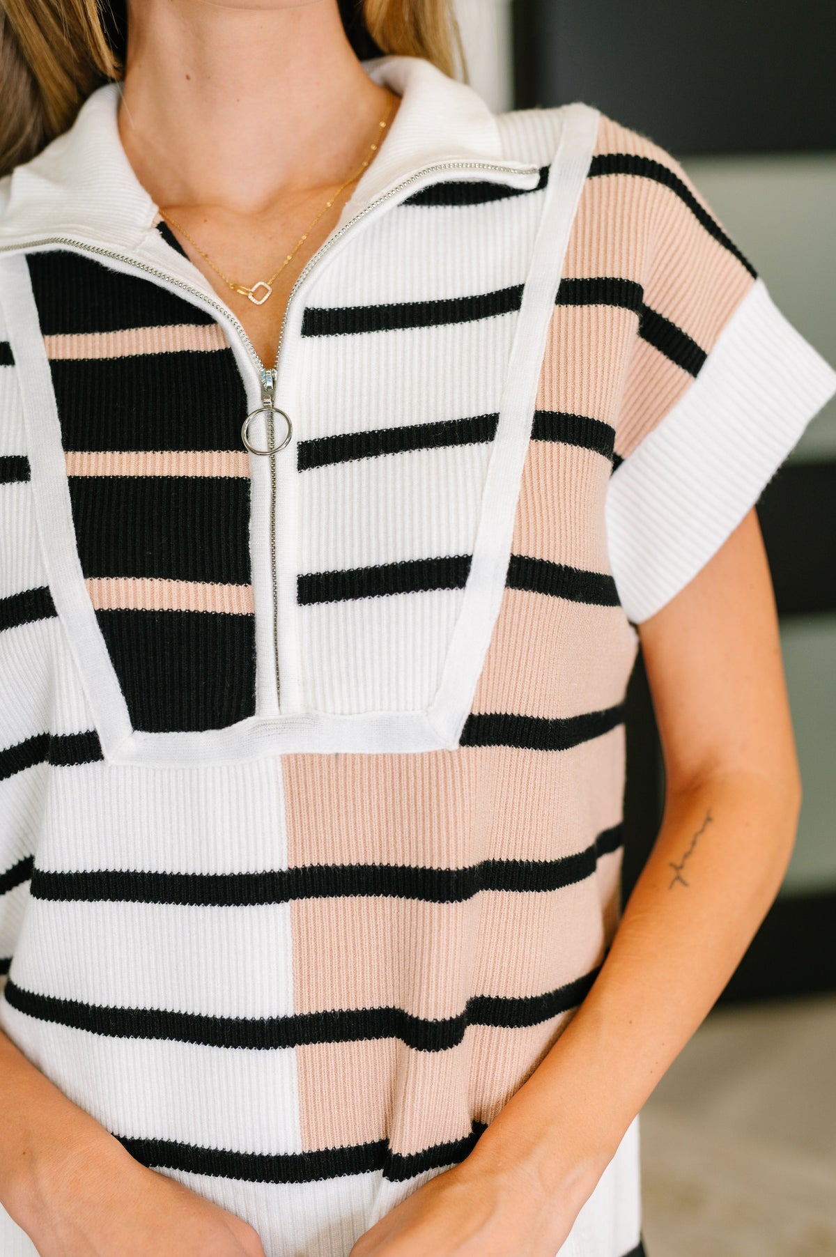 White striped quarter zip vest for women by Ave Shops, casual outerwear with a cozy fit and stylish design.