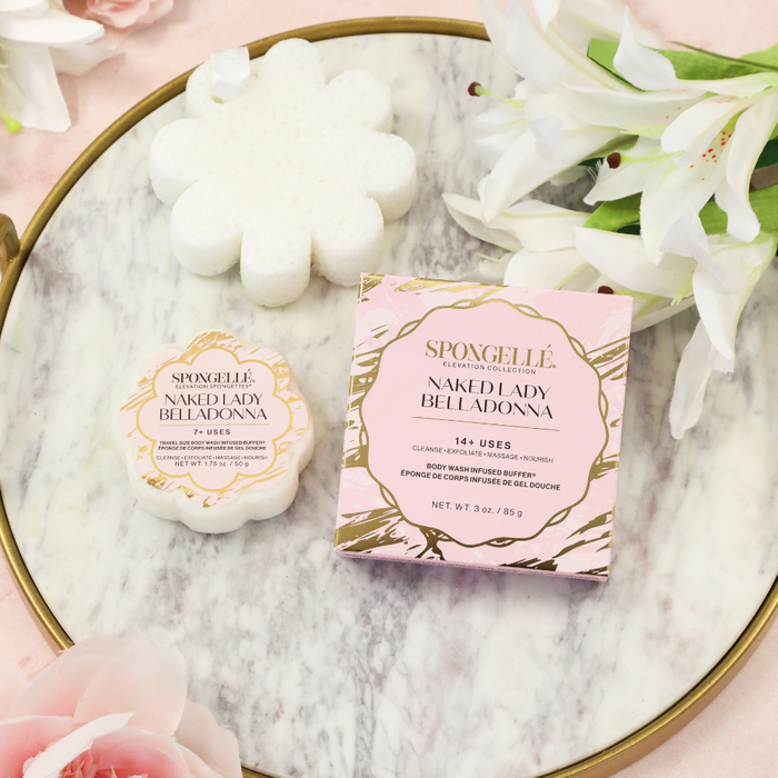 Spongellé Naked Lady Belladonna Body & Travel Buffer Set with infused body wash, featuring elegant packaging and multiple buffers.