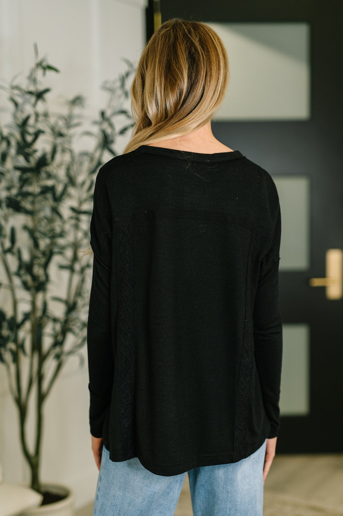 Never Been So Sure Lace Accent Henley Top in Black