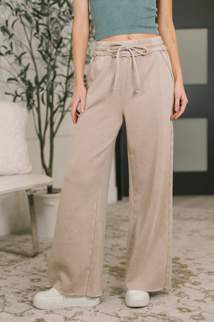 High waist palazzo sweats in Ash Mocha from Ave Shops, showing a relaxed fit and soft fabric texture.