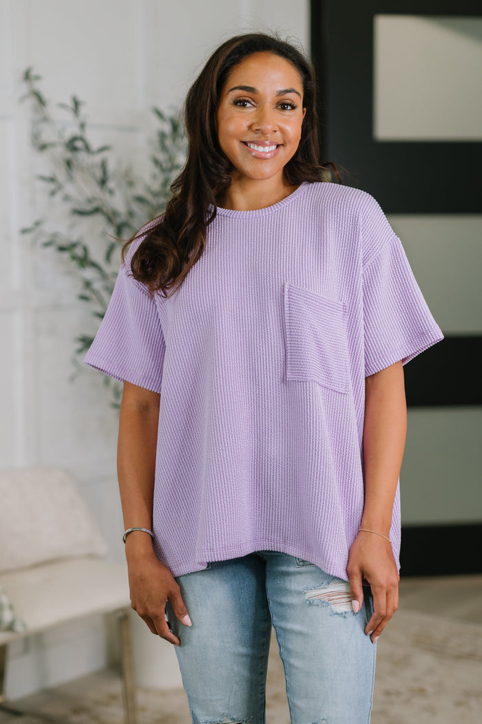 Lavender textured boxy tee blouse from Ave Shops, showcasing a relaxed fit and casual style in a close-up image.