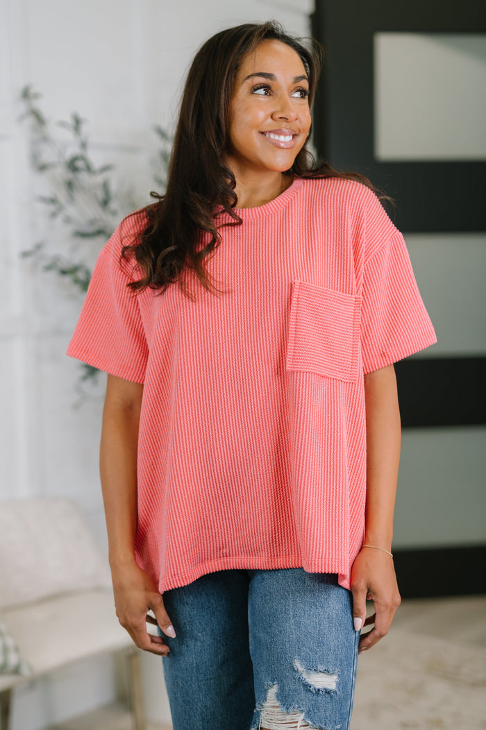 Salmon-colored textured boxy tee blouse from Ave Shops, featuring a relaxed fit and casual style, displayed on a white background.