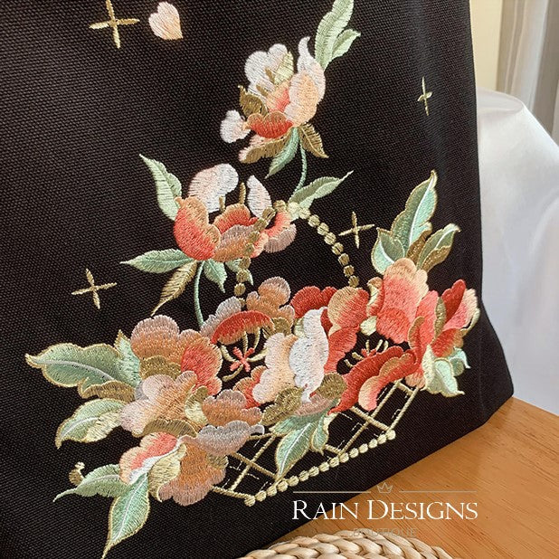 Flower Basket Embroidery Tote Bag