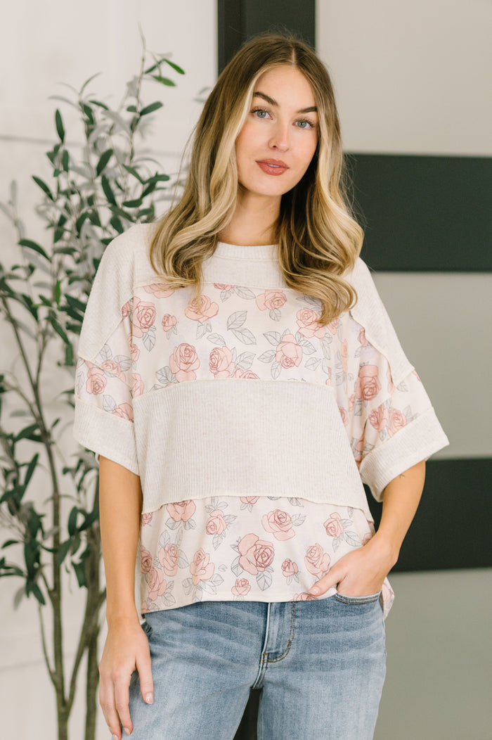 Light blue relaxed blouse with a rose painting color block design from Ave Shops, featuring a casual fit and stylish silhouette.