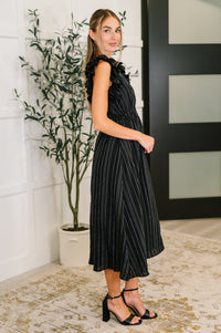 Black Pinstripe Romance V-Neck Ruffle Sleeve Dress by Ave Shops, showing the stylish V-neck and ruffle sleeve details.