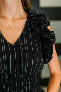 Black Pinstripe Romance V-Neck Ruffle Sleeve Dress by Ave Shops, featuring a stylish V-neck and elegant ruffle sleeves.