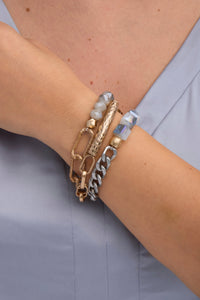 SAACHI metallic beaded chain trio bracelet with layered design, featuring shiny metallic beads and delicate chain links.