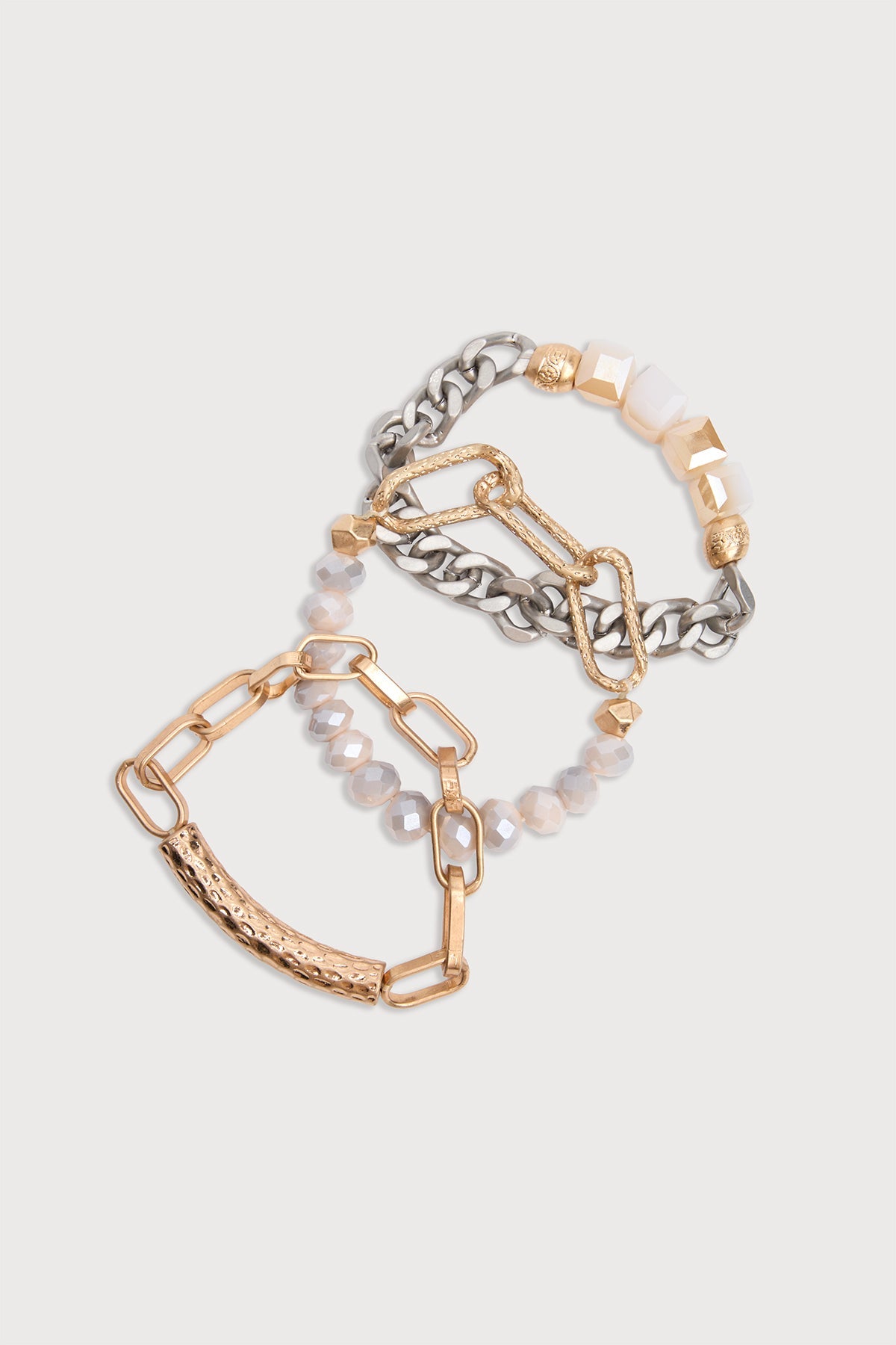 SAACHI metallic beaded chain trio bracelet with layered beaded strands and a sleek metallic finish, stylish jewelry accessory.