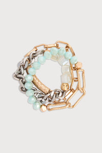 SAACHI metallic beaded chain trio bracelet with shiny beads and adjustable clasps, stylish jewelry accessory.