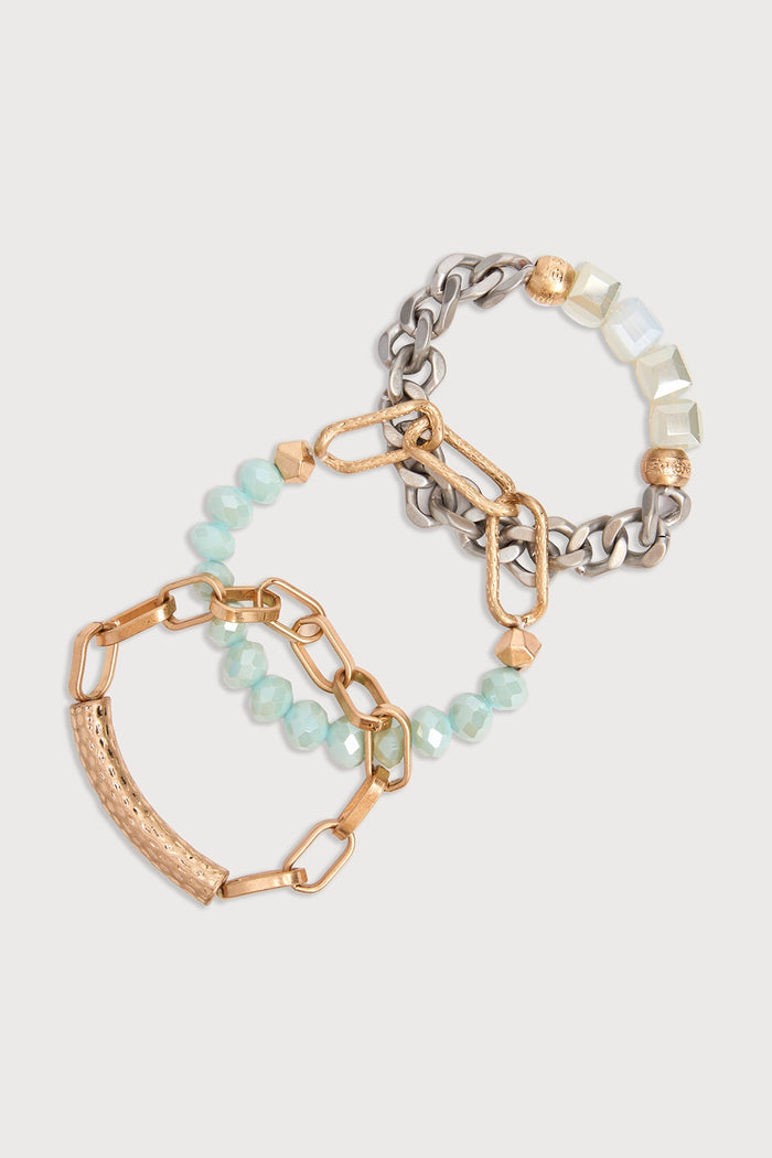 SAACHI metallic beaded chain trio bracelet featuring three elegant beaded bracelets with metallic accents.