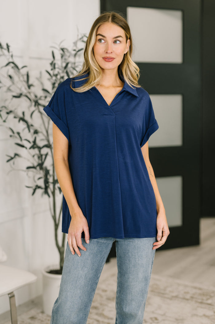 Navy Sea You Soon collared blouse by Ave Shops, featuring a stylish button-up design and classic collar detail.