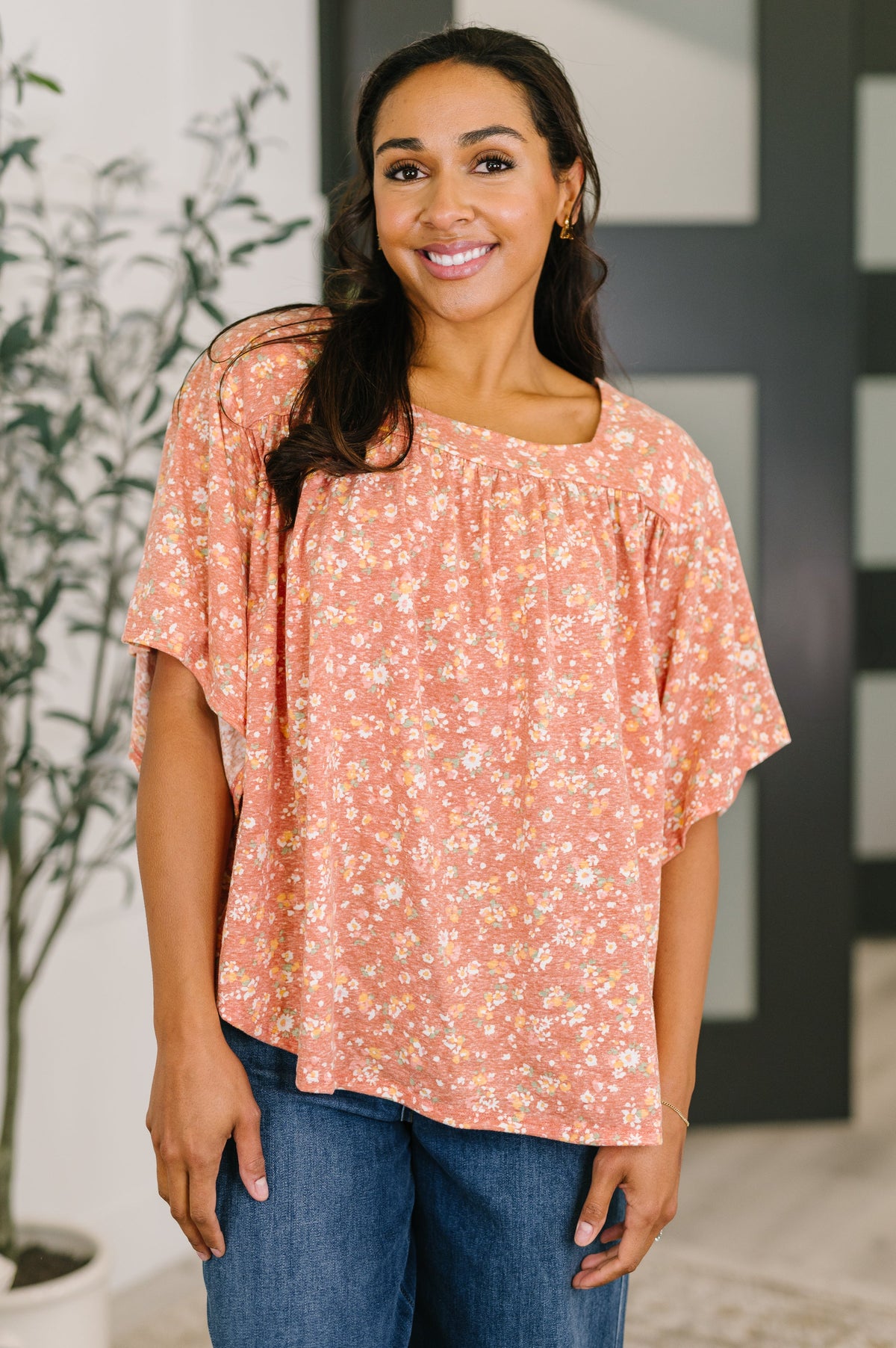 Dusty rose square-neck blouse from Ave Shops' Spring Breeze collection, featuring a stylish and comfortable design.