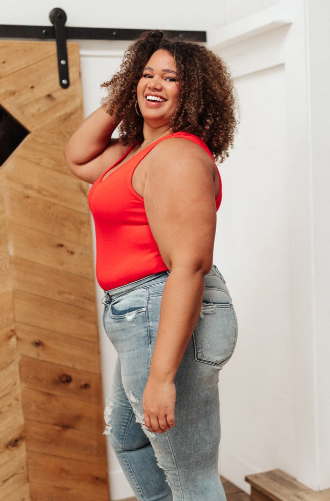 Red Stay Easy tank top by Ave Shops, casual sleeveless blouse with a relaxed fit, displayed on a hanger.