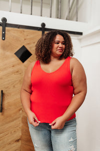 Cherry red Stay Easy tank top by Ave Shops, casual sleeveless blouse with a relaxed fit, shown on a model.