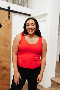 Bright red Stay Easy tank top from Ave Shops, casual sleeveless blouse with a comfortable fit, shown on a model.