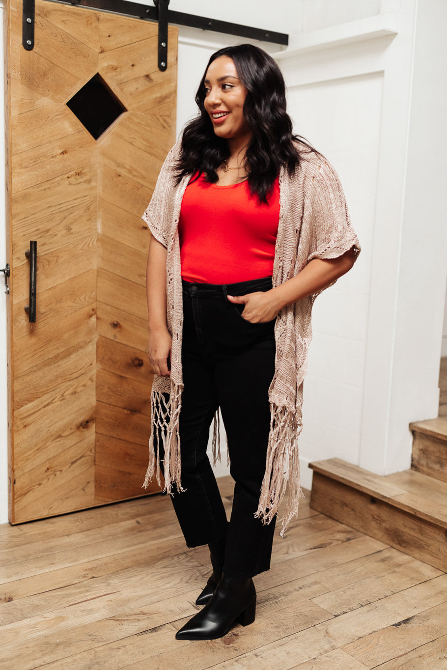 Cherry red Stay Easy Tank blouse by Ave Shops, sleeveless top with a relaxed fit, showcased on a hanger.