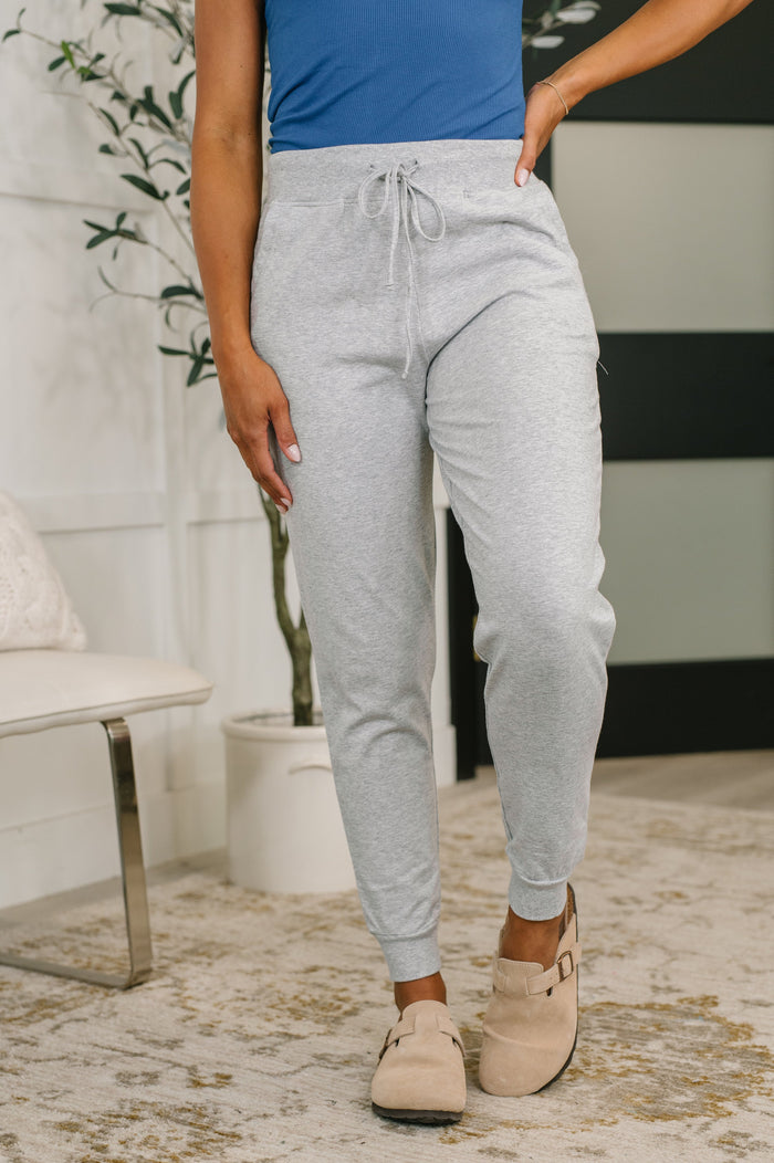 High-waisted grey joggers from Ave Shops featuring a comfortable fit and soft Heather Grey fabric, perfect for casual wear.