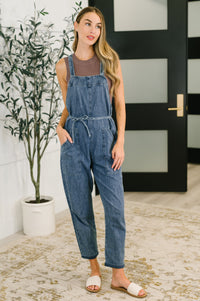 Too Cute to Compute Waist Tie Overalls in Dark Blue - The GlamBox Jewels Boutique
