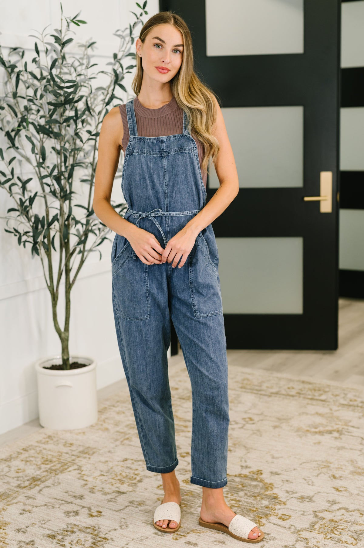 Too Cute to Compute Waist Tie Overalls in Dark Blue - The GlamBox Jewels Boutique