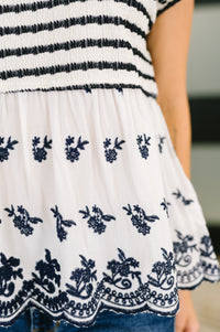 Too Sweet to Share Scalloped Hem Blouse in Ivory and Navy