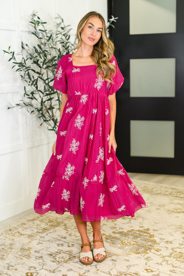 Hot pink Twirl in Bloom square neck dress by Ave Shops, showcasing its stylish fit and vibrant color in a full-length shot.