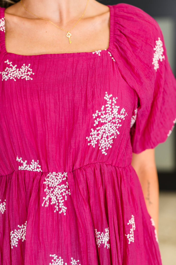 Hot pink Twirl in Bloom square neck dress by Ave Shops, shown with flowing fabric and stylish design.