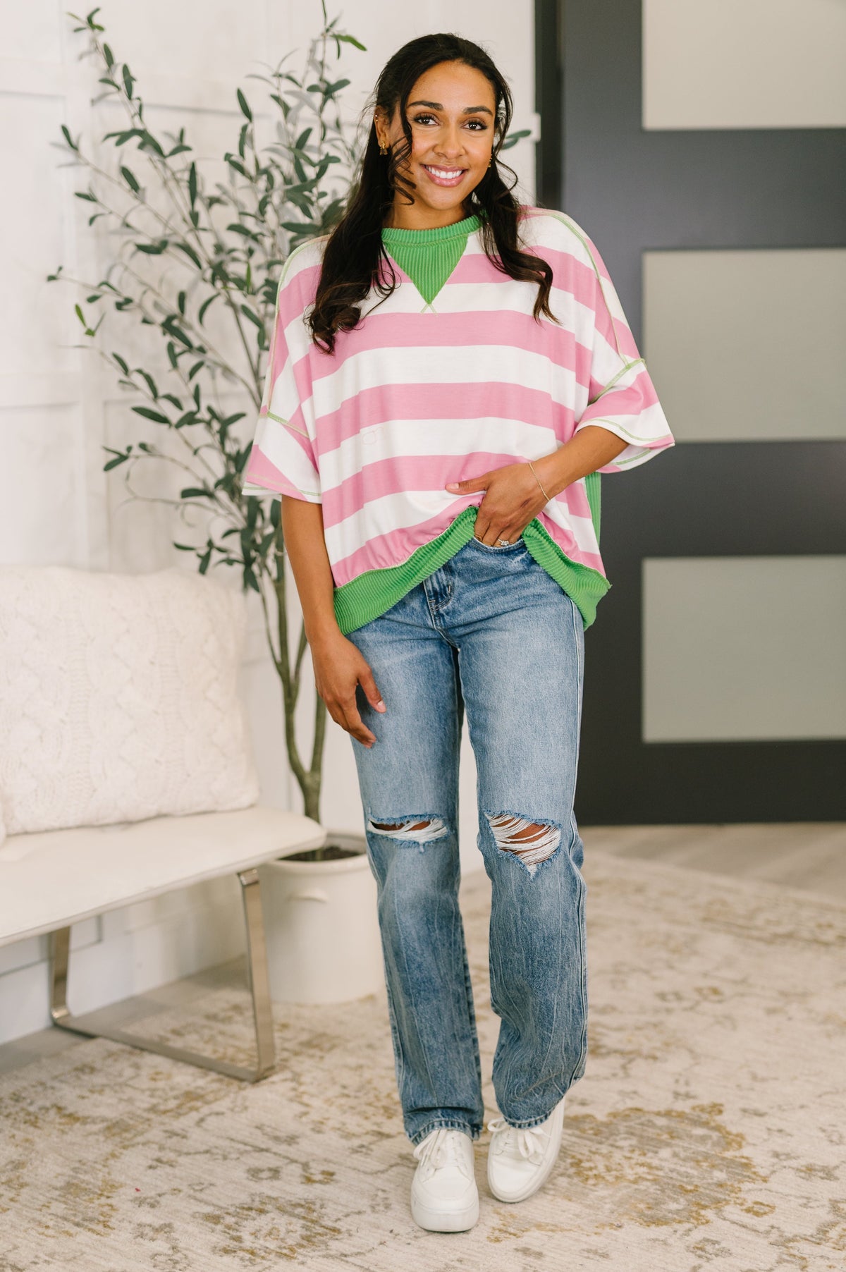 Light blue relaxed blouse with contrast trim from Ave Shops, featuring a casual fit and stylish design.