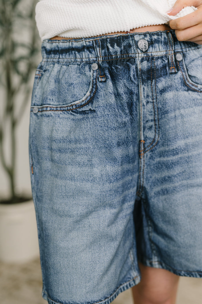 High-waisted denim shorts with a printed design from Ave Shops, styled with front pockets and a relaxed fit.