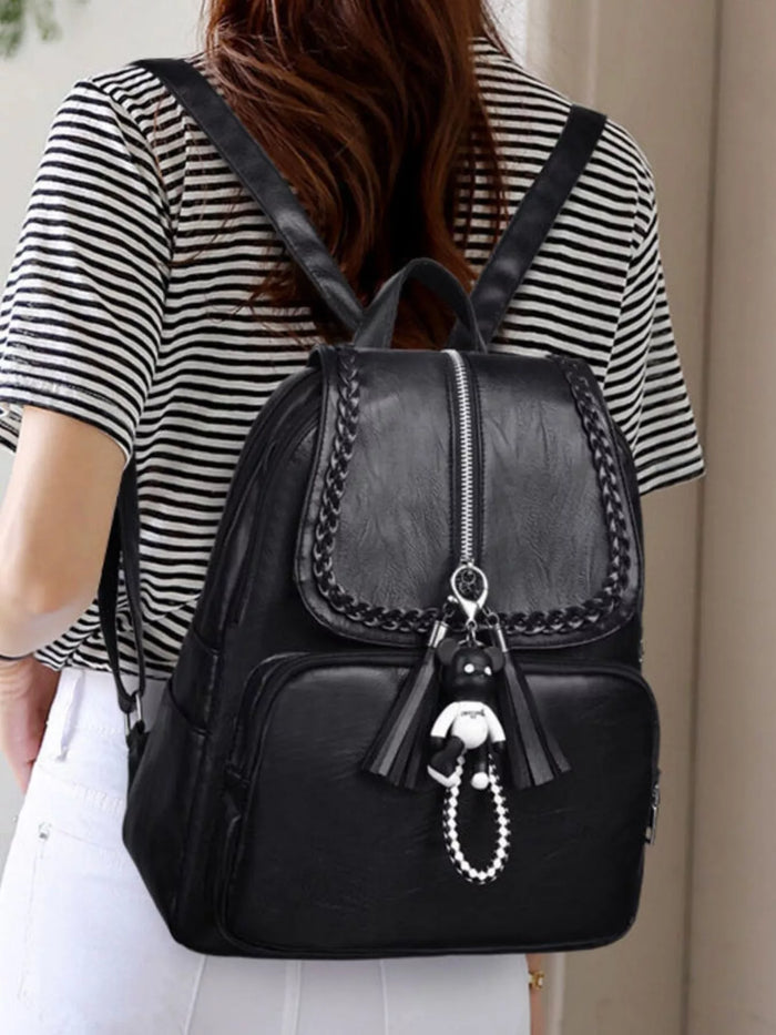Leather backpack bag with braided trim, trendy handbag by Trendsi featuring a stylish design and adjustable straps.