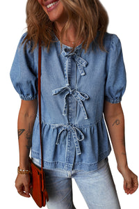 Dusk Blue Bow Tie Front Bubble Sleeve Peplum Denim Shirt