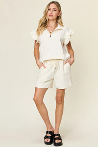 Double Take Texture flounce sleeve top and drawstring shorts set, trendy two-piece set with textured fabric and stylish design.