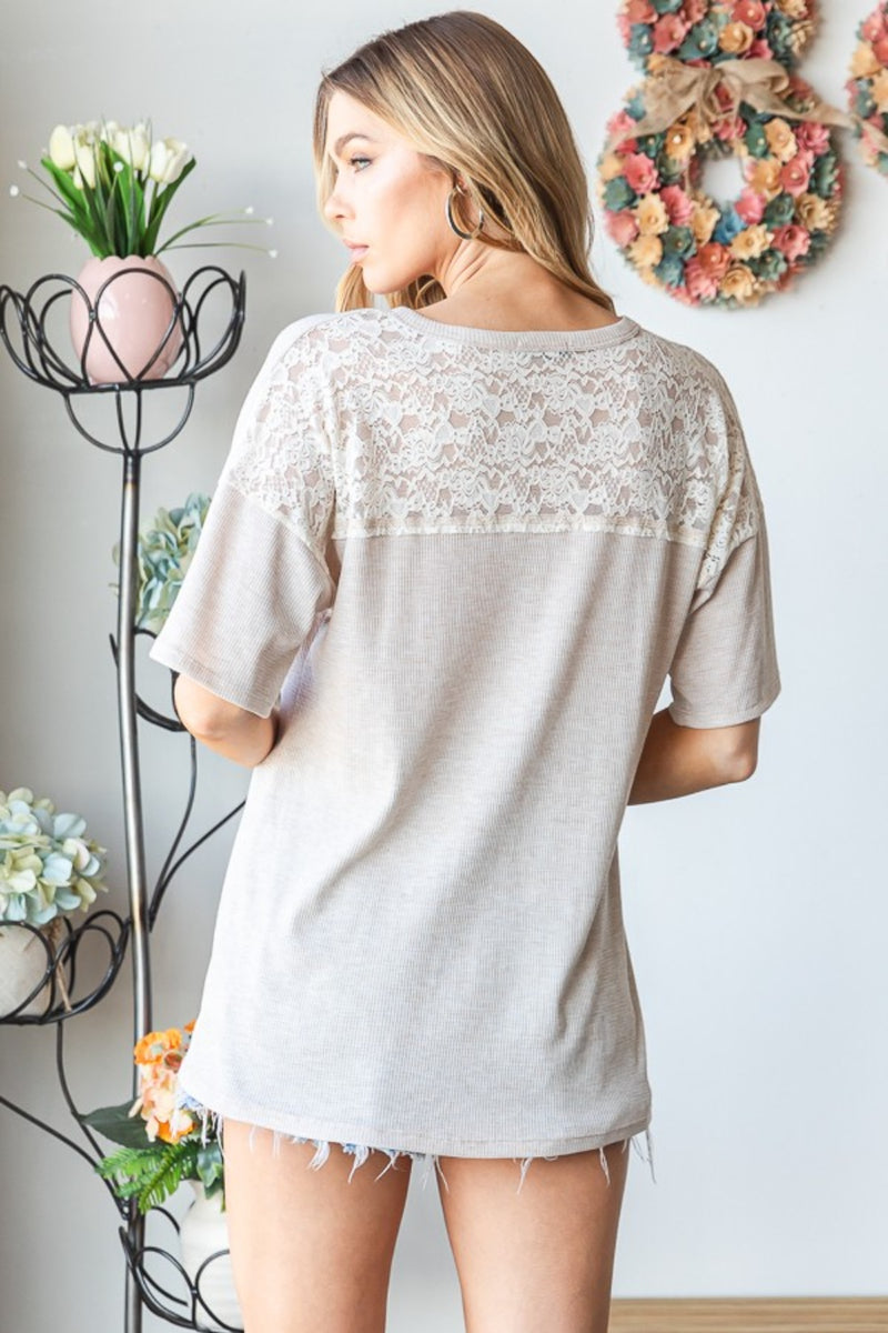 Heimish Lace Front Pocket Drop Shoulder Top